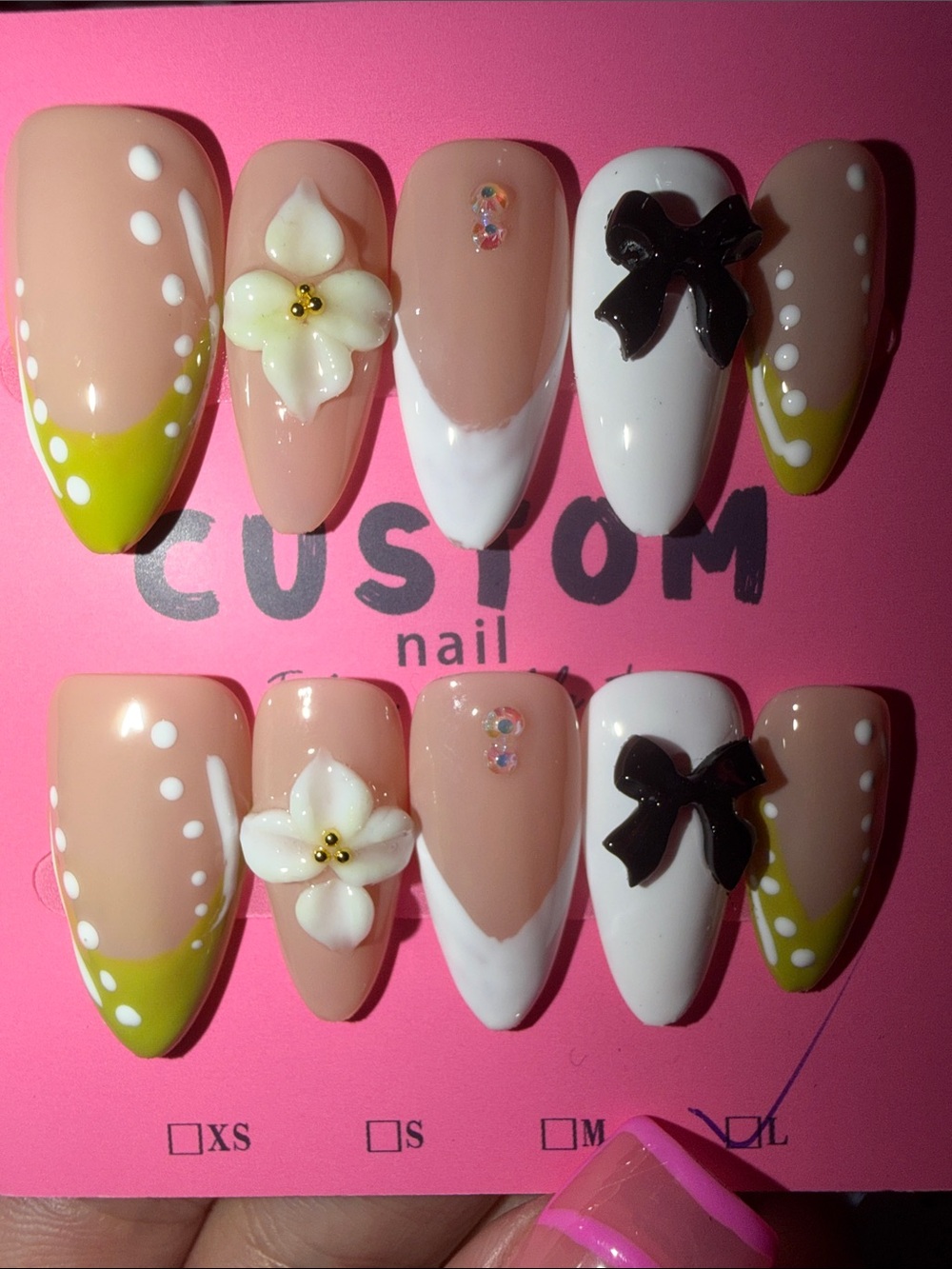 Handmade Nude & White Press-On Nails with Lime Tips and 3D Floral Accents